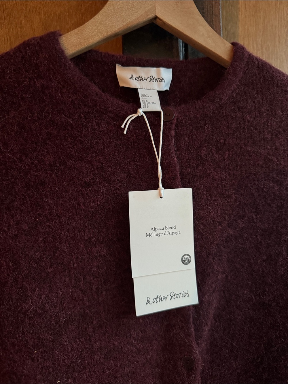 & Other Stories alpaca blend burgundy Crewneck Button-Front Cardigan - Picture 2 of 5